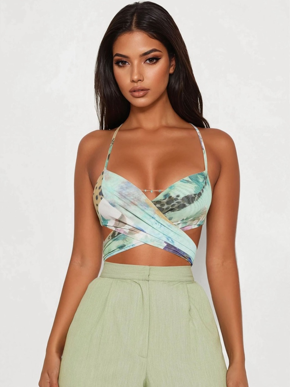 Fashion Nova Sage Multi Wrap Crop Top
